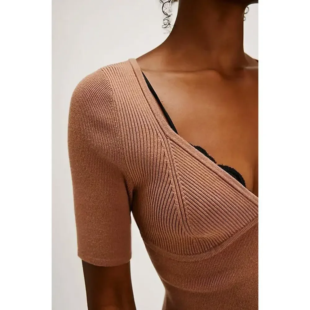 NWOT Free People Teagan Swit Short Sleeve Knit Ribbed Top Sweater - xs